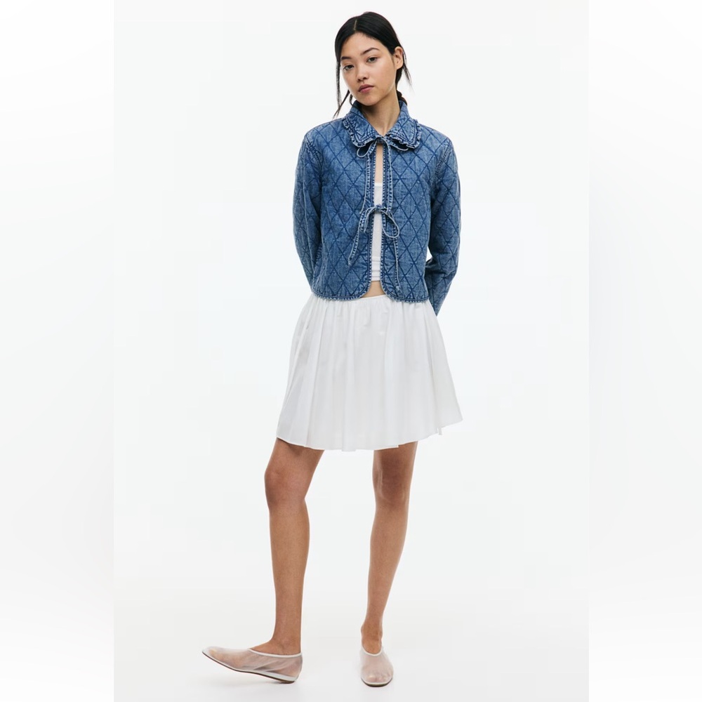 Blue Quilted Denim Jacket with Bow Tie - Picture 3 of 8